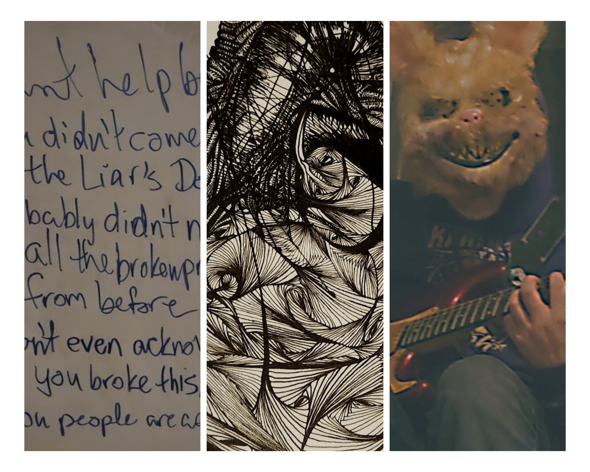 A triptych of handwritten lyrics, intricate ink artwork, and iffy Wisdom playing guitar in a creature mask