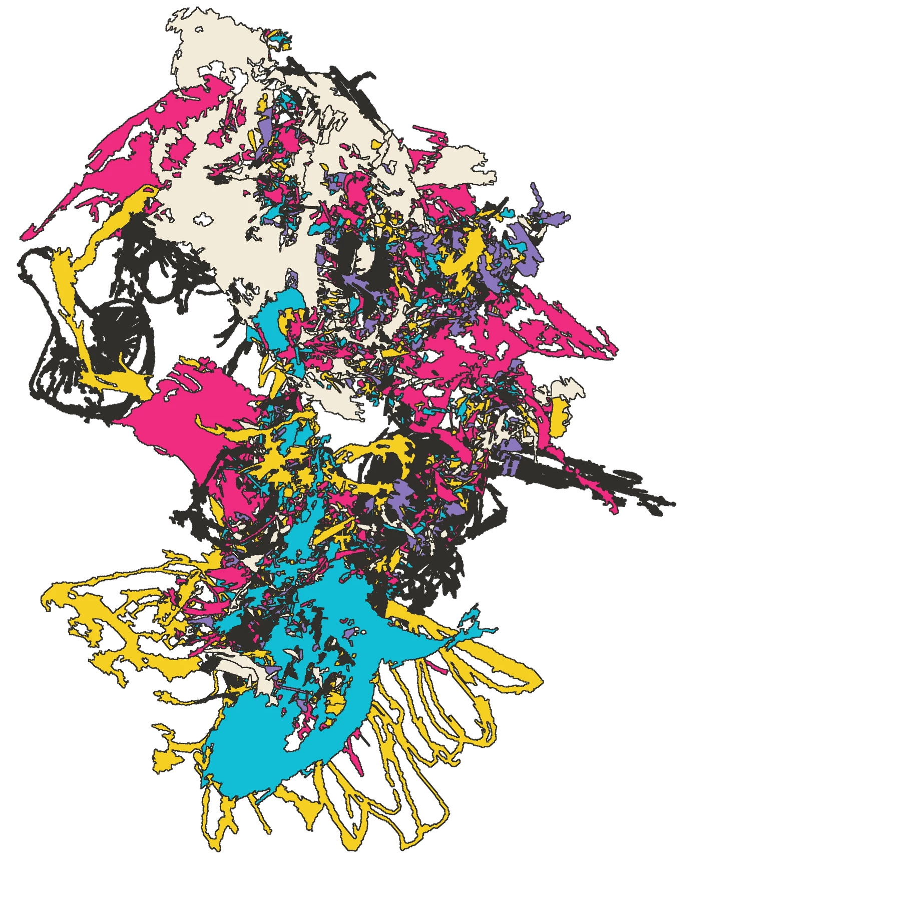 Floating fragments of bright color and black line on a warm white field