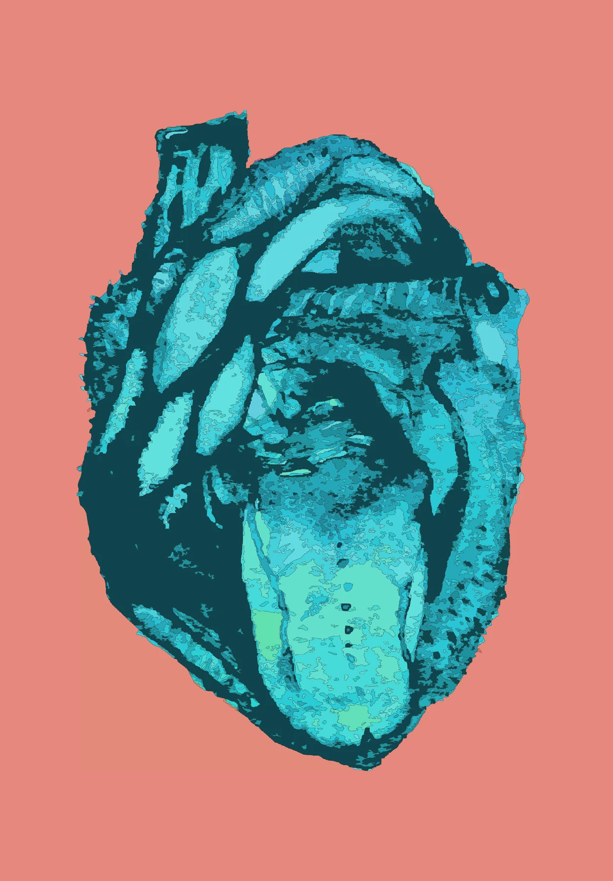 Abstractifier image of a blue anatomical heart on a coral field