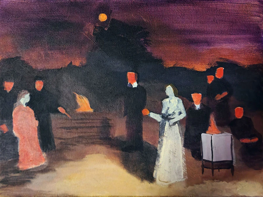 Night gathering with figures and scattered points of orange light