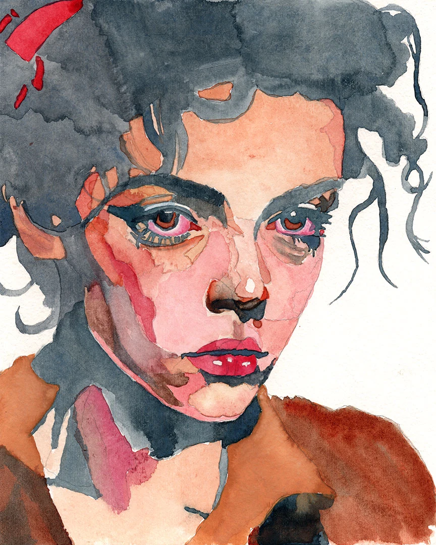 Expressive watercolor portrait with dark curls and warm red accents