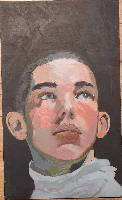Painted portrait looking upward, with flushed cheeks and a pale collar