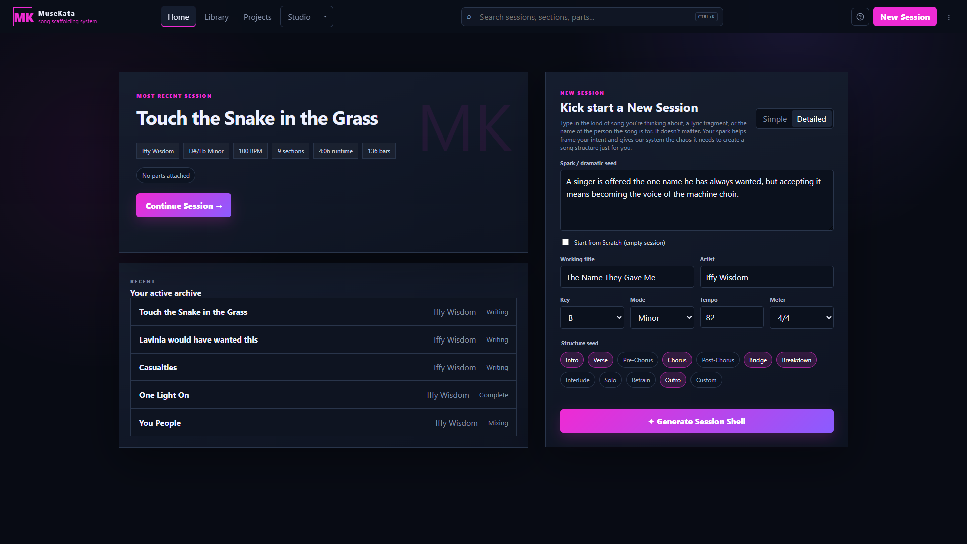 MuseKata dashboard interface